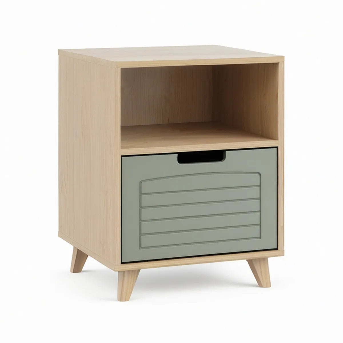 Szafka nocna MDF 40 x 35 x 55 cm z szufladą i otwartą półką, jasne drewno i szałwiowa zieleń