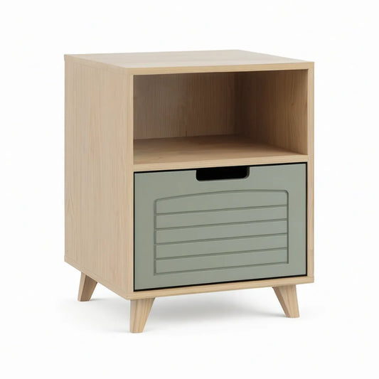 Szafka nocna MDF 40 x 35 x 55 cm z szufladą i otwartą półką, jasne drewno i szałwiowa zieleń