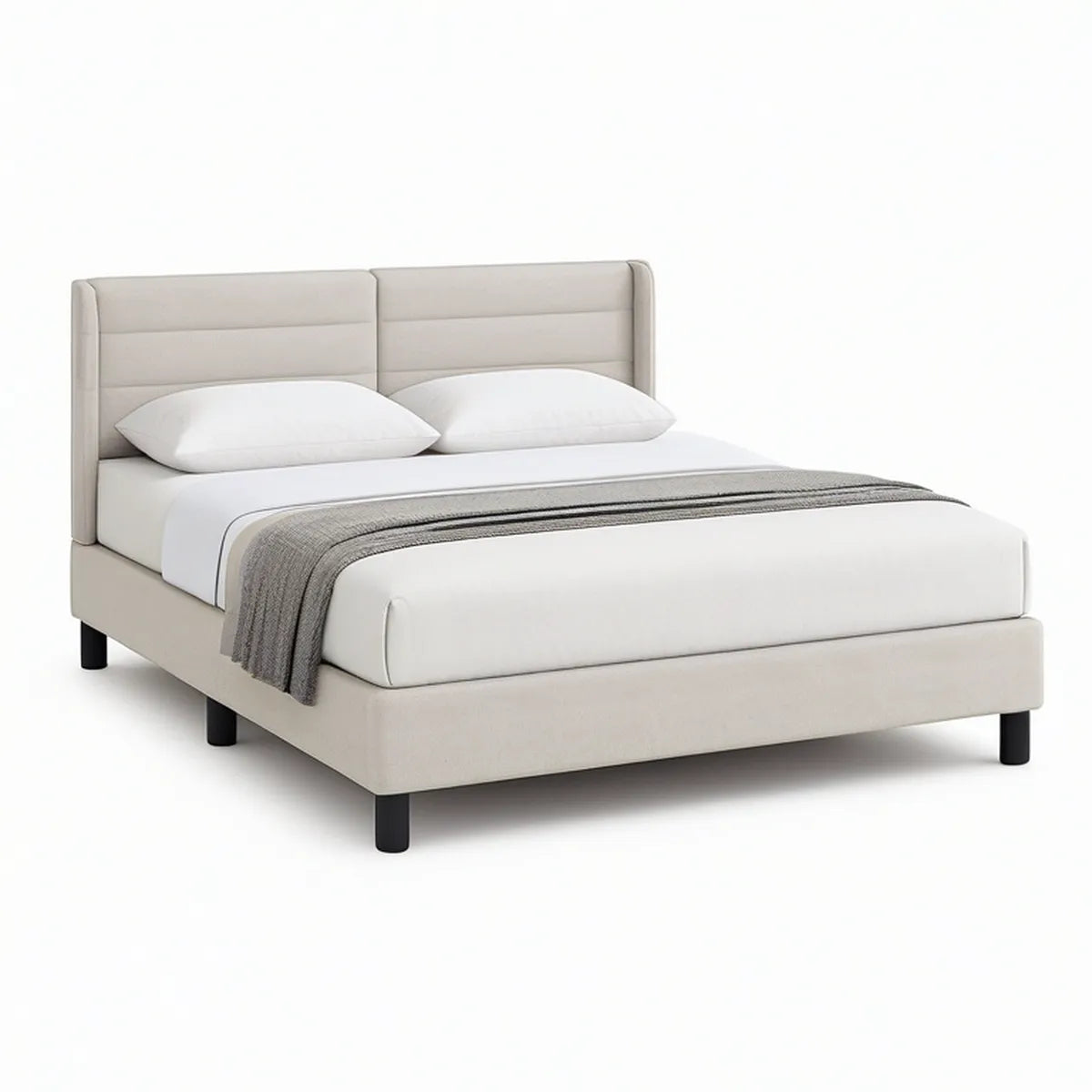 Beżowe łóżko tapicerowane dwuosobowe 160 x 200 cm z zagłówkiem